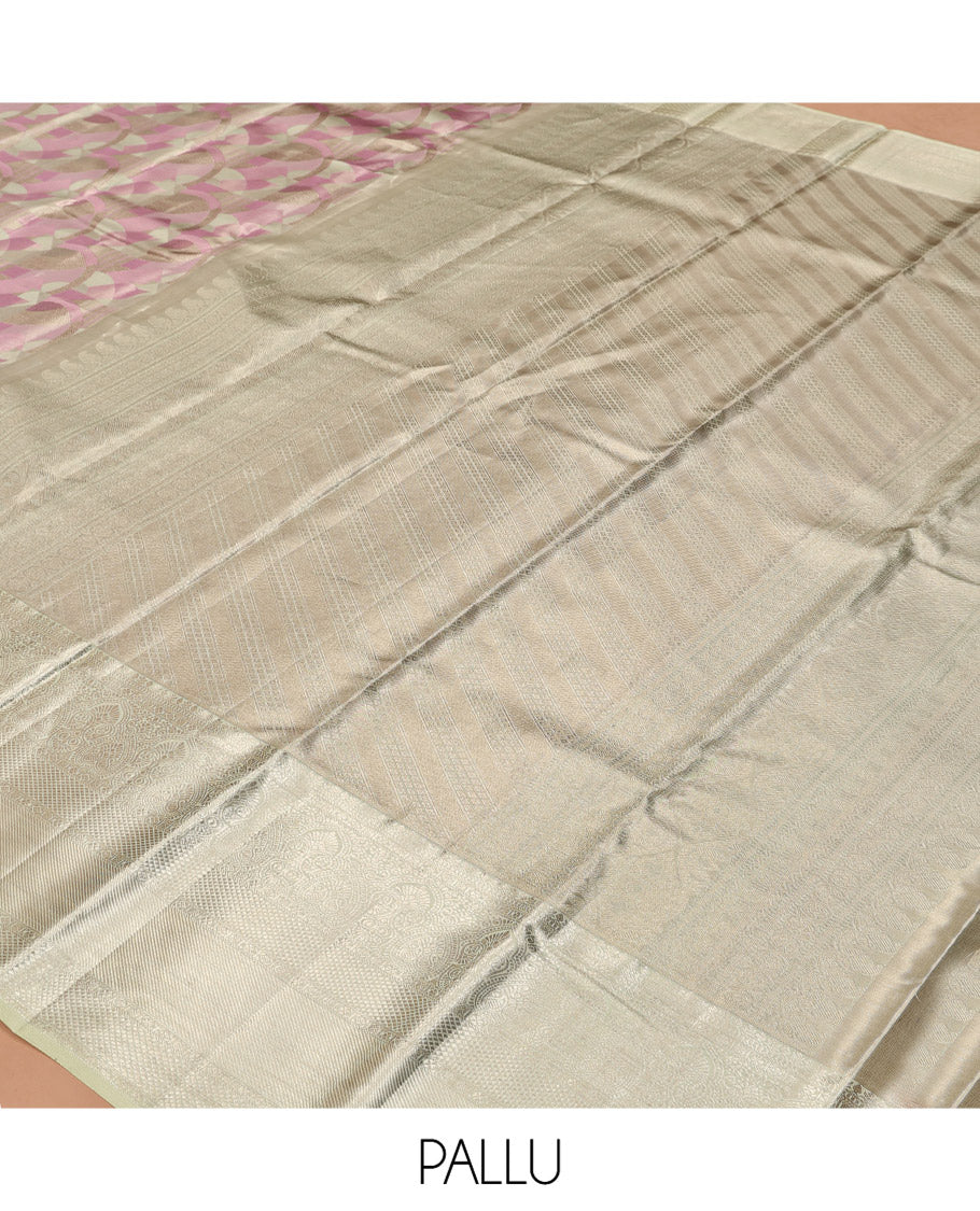 Pink Kanchipuram Tissue Silk Saree, Artfully Detailed with Jacquard, Complemented by Contrast Traditional Zari Border, Grand Pallu, and Contrast Blouse