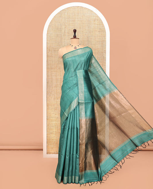 Green Plain Tussar Silk Saree, a Subtle Border, Gleaming Pallu, and a Matching Blouse