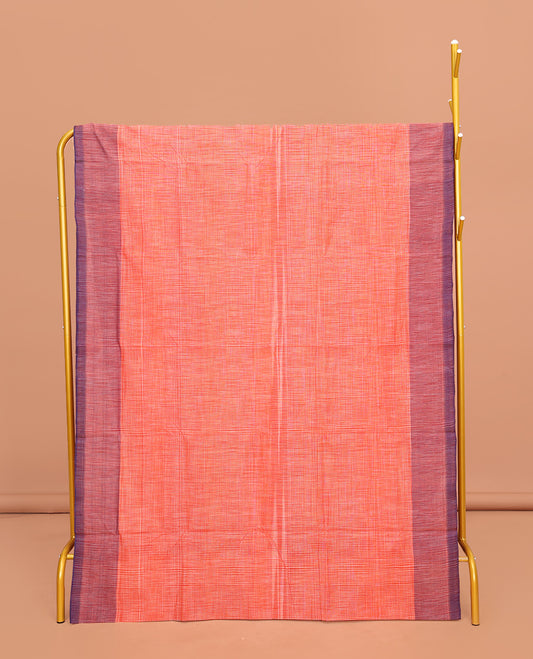 Orange Heathered Textured Mangalgiri Cotton Saree, Complemented by Contrast Border, Striped Pallu, and Paired with a Contrast Blouse