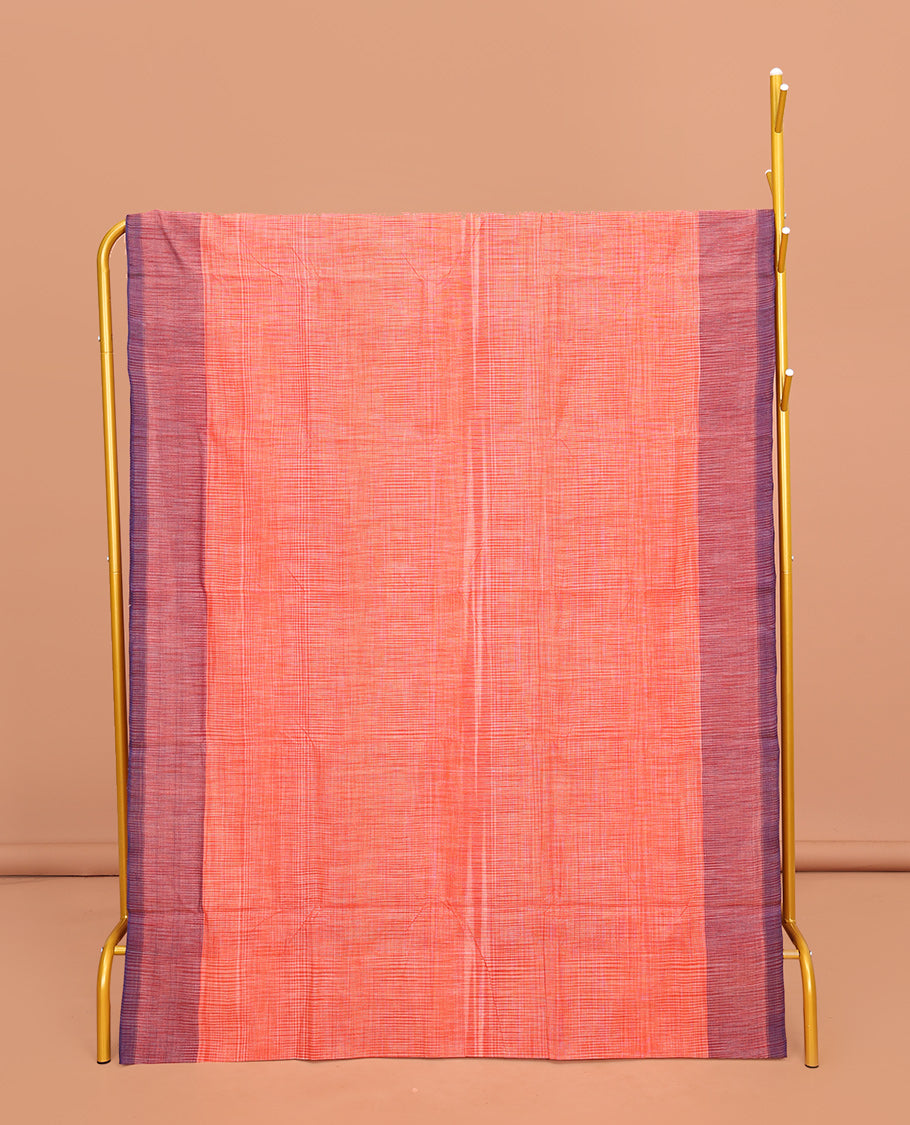 Orange Heathered Textured Mangalgiri Cotton Saree, Complemented by Contrast Border, Striped Pallu, and Paired with a Contrast Blouse