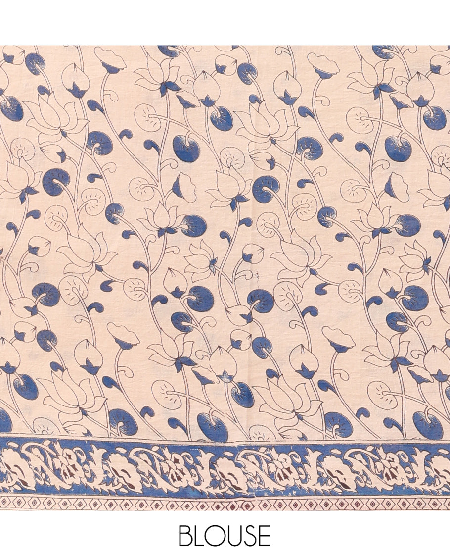 Multi-Color Kalamkari Cotton Saree, Adorned with Floral Vine Print, Contrast Printed Border, Kalamkari Peacock Motifs Pallu, and a Matching Blouse