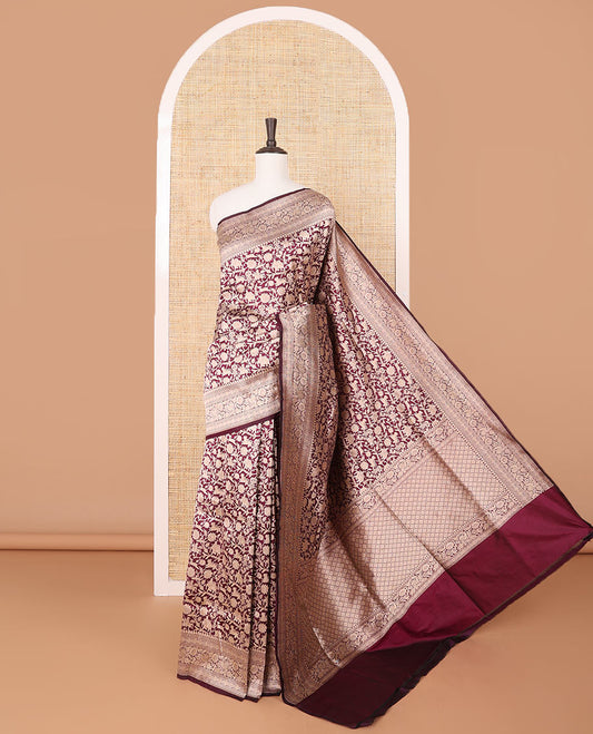 Red floral jacquard banaras silk saree with self intricate zari border & argyle pattern pallu