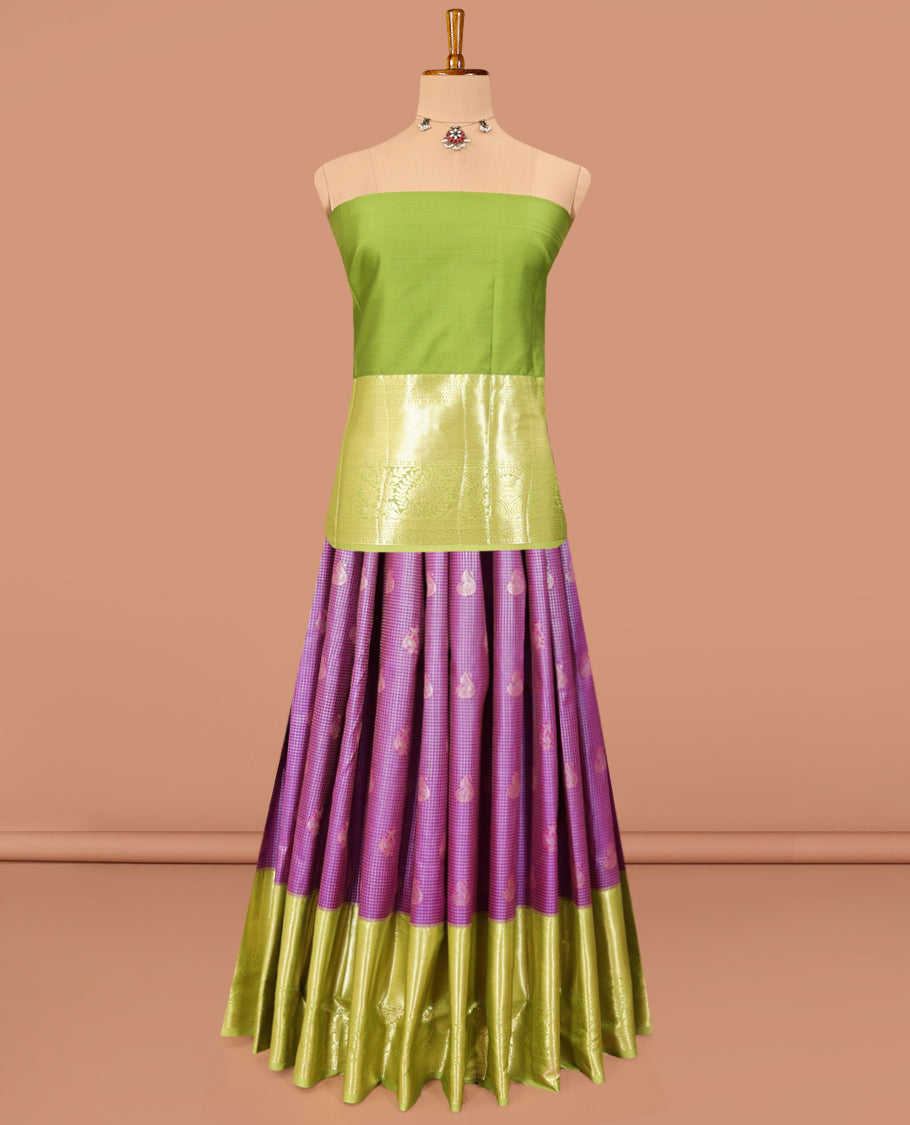 Violet Art Silk Material Half Saree, Decked Up with Jacquard Skirt, a Contrast Traditional Zari Border, Contrast Blouse, and an Intricate Dhavani