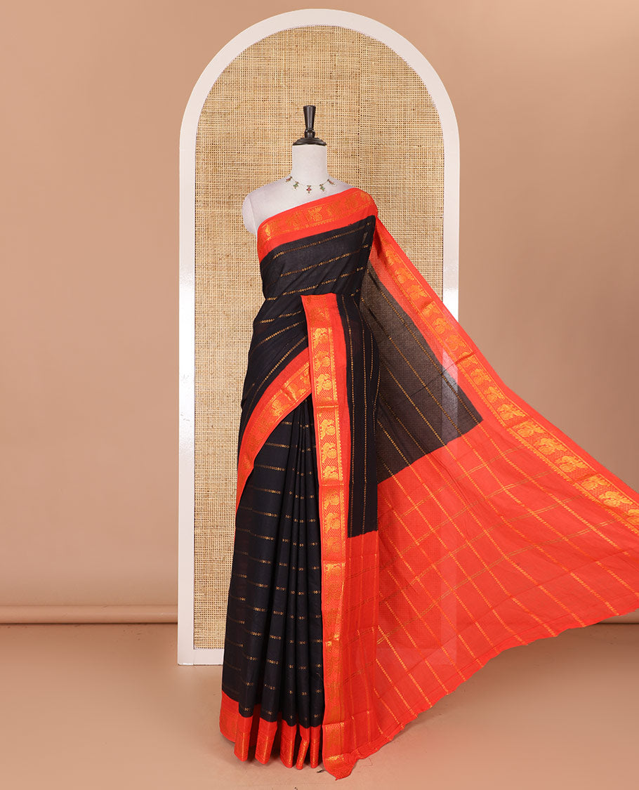 Black veldhari zari striped Sungudi cotton saree, contrast peacock zari motif border, zari striped pallu, and contrast zari design blouse
