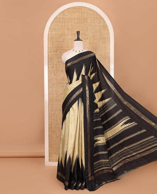 Pista green mango buttas foil printed Dola silk saree, contrast double-sided temple big border, striped temple pallu & contrast vertical striped blouse