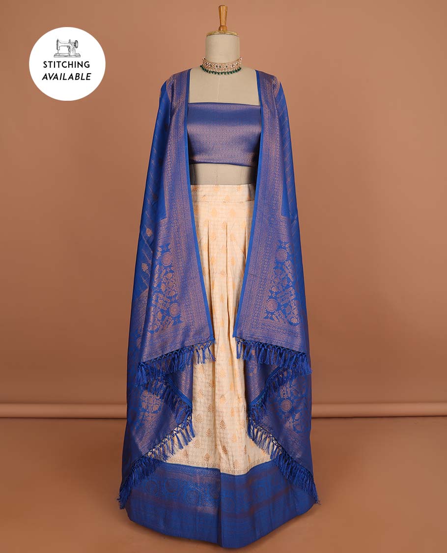 Cream checked , floral design half saree with contrast border, zari design blouse & striped , floral dhavani