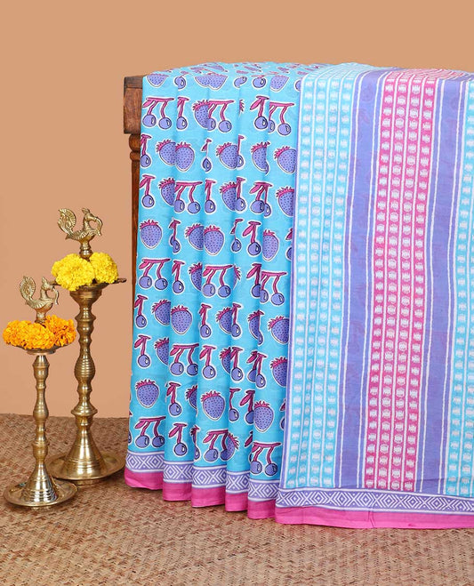 Blue strawberry, cherry print mul mul cotton saree with contrast geometric printed border