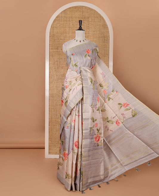 Grey floral-leaf printed fancy tussar silk saree, zari woven border & zari striped pallu & matching stripes & floral printed blouse