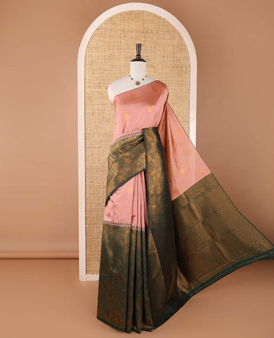 Borderless pink-green zari buttas & half-&-half vanasingari-style flora-fauna woven kanchi silksaree,self-pallu & blue blouse of zari brocade
