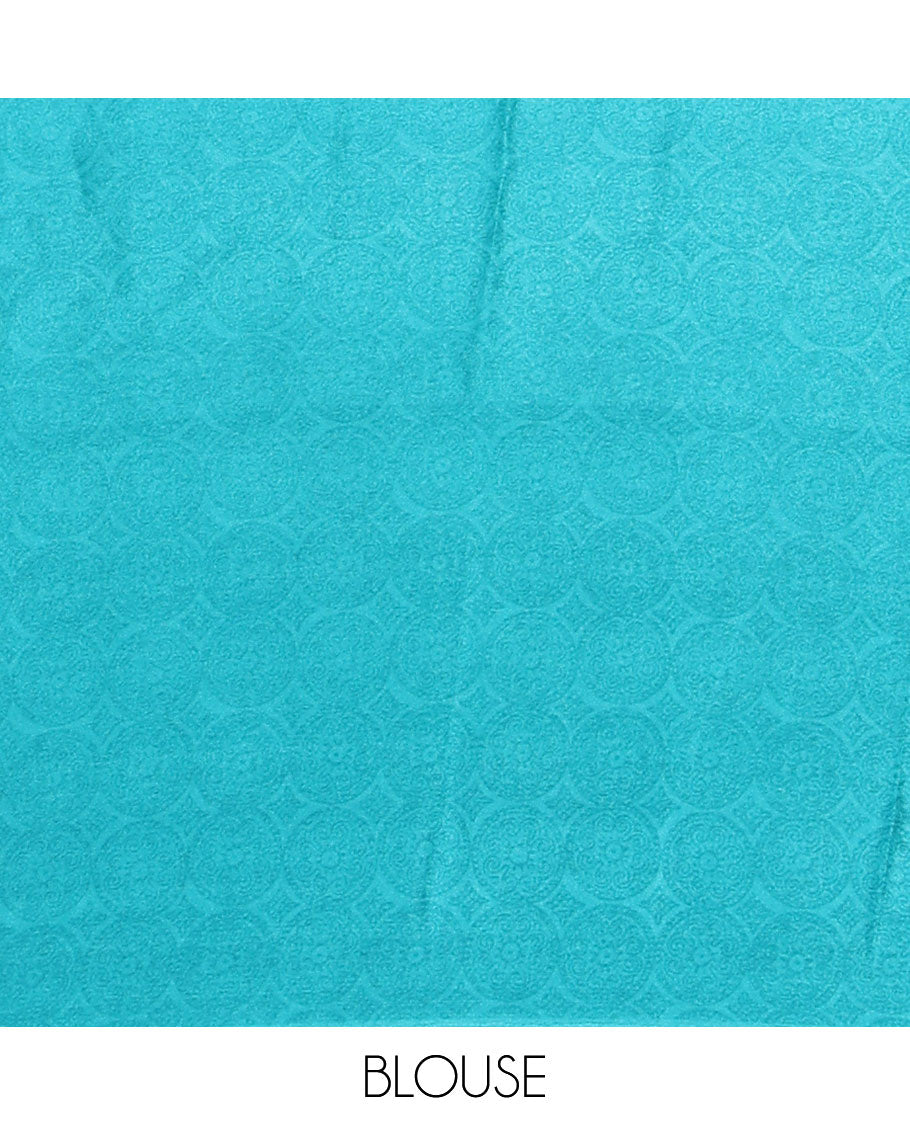 Blue negative-style sparsely printed crepe silk saree, contrast printed border, printed pallu & printed blouse