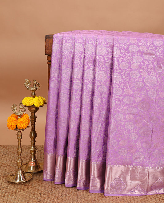 Lavender zari flower brocade design soft silk saree with bawanchi, butta border & rich weaving pallu along with brocade blouse