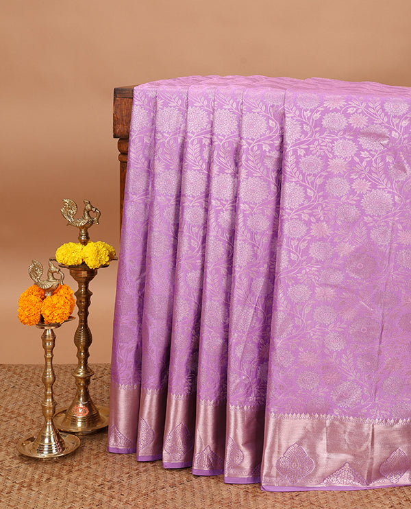 Lavender zari flower brocade design soft silk saree with bawanchi, butta border & rich weaving pallu along with brocade blouse