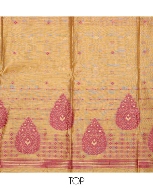 Yellow chudidhar material set, floral motifs top, red plain bottom & striped, floral motifs dupatta