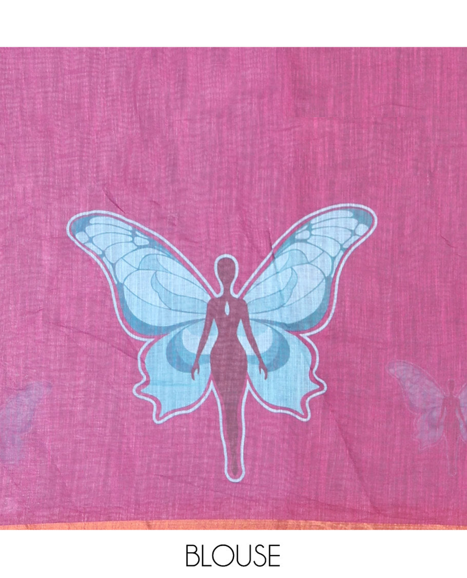 Blue Linen Cotton Saree, Mesmerized with Butterfly Buttas All Over Its Body, Subtle Piping Border, Pallu of Butterfly Print, and Paired with a Contrast Fairy Motifs Printed Blouse