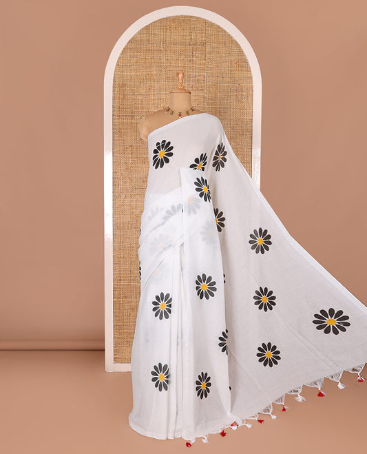 Borderless white and black daisy floral motifs printed Khadi mul cotton saree with a matching plain blouse