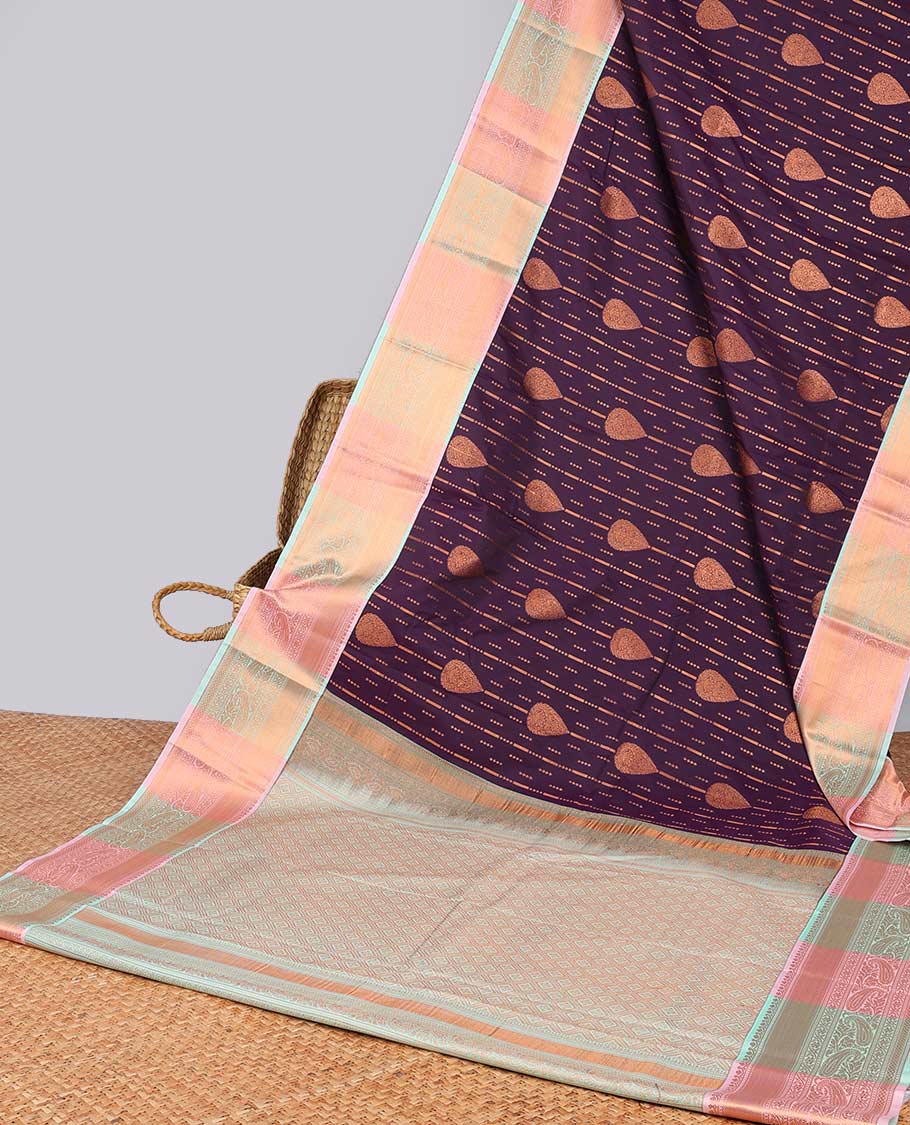 Violet striped leaf design gift saree with contrast intricate zari design border & zari jaal design pallu
