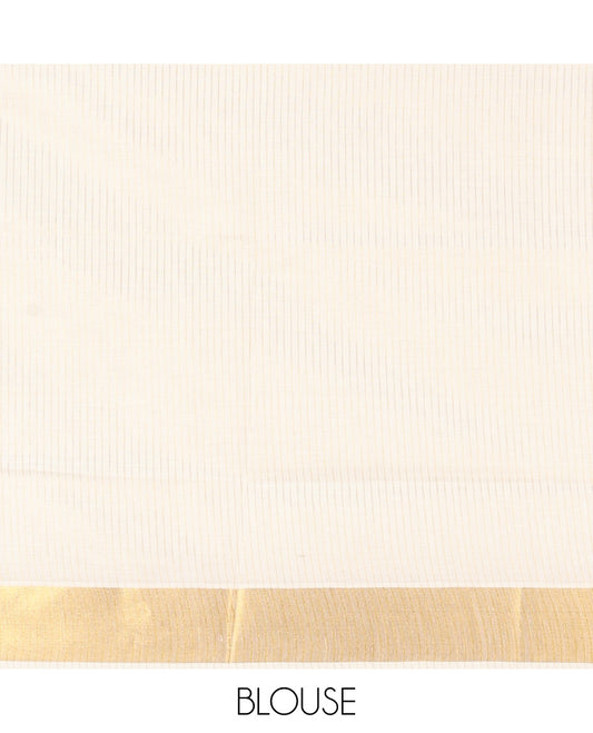 Cream Kerala Saree, Subtly Woven with Stripes on Its Body, Zari Bavanji Border, Sparkling Zari Woven Pallu, and Paired with a Matching Blouse