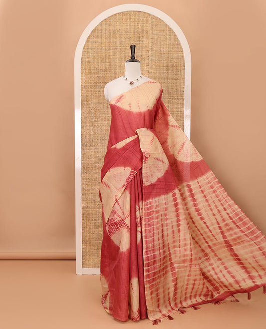 Borderless maroon shibori-printed jute tussar silk saree, contrast shibori-printed pallu & contrast blouse