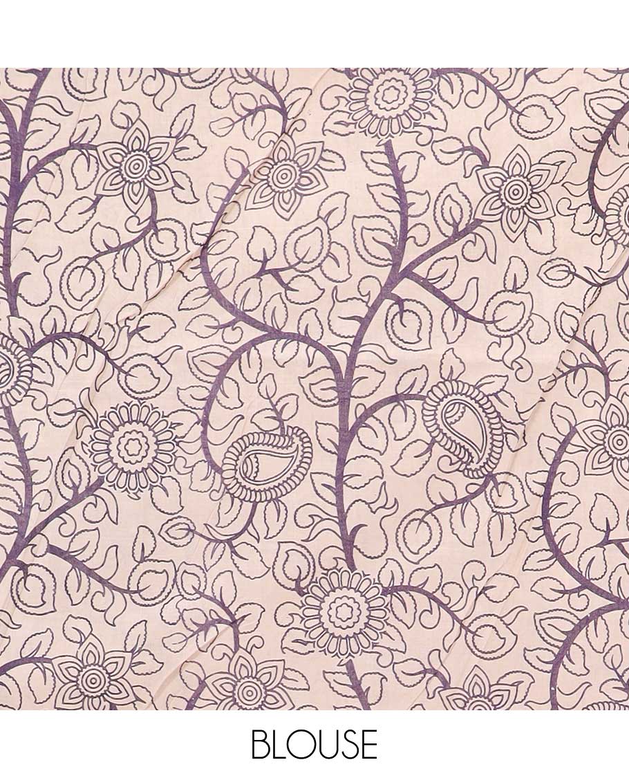 Red floral design machine-printed kalamkari cotton saree with contrast floral border & floral, peacock design pallu