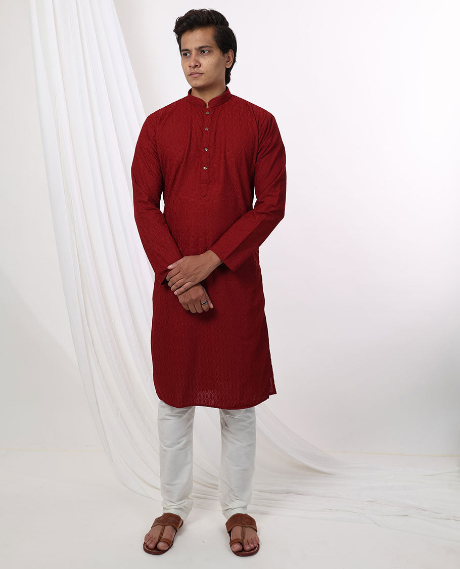 Red ogge design thread embroidery mandarin collar & full-sleeve long raw silk kurta 