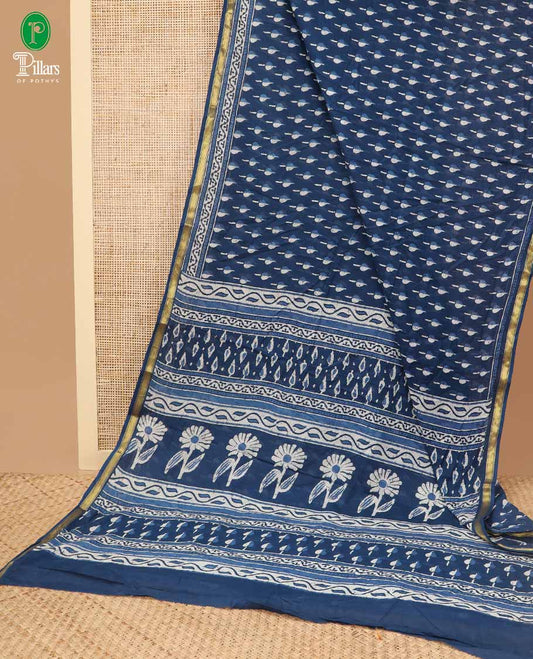 Indigo blue all-over traditional printed design muslin cotton saree with printed, gold zari design border & printed rich pallu along with small butta blouse
