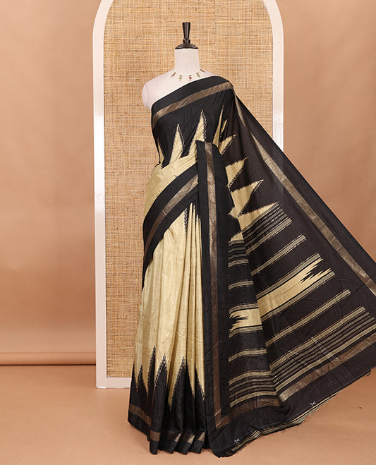Pista green mango buttas foil printed Dola silk saree, contrast double-sided temple big border, striped temple pallu & contrast vertical striped blouse