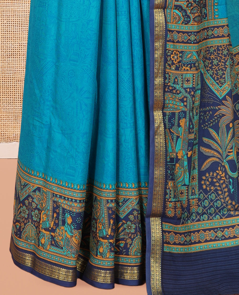 Blue Sparsely Printed Silk Saree, a Contrast Mughal-style Border, Mughal-style Pallu, and a Contrast Blouse