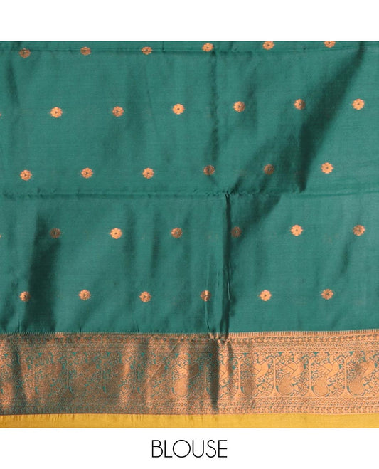 Gold zari mango butta kanchi silk saree with contrast peacock design border & rich weaving pallu along with zari butta blouse