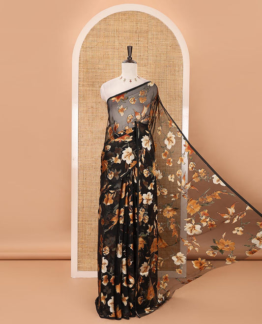Borderless black-brown all-over floral printed brasso chiffon saree with diamond butta embossed blouse