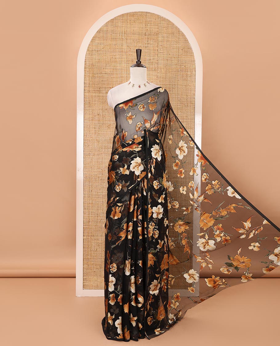 Borderless black-brown all-over floral printed brasso chiffon saree with diamond butta embossed blouse