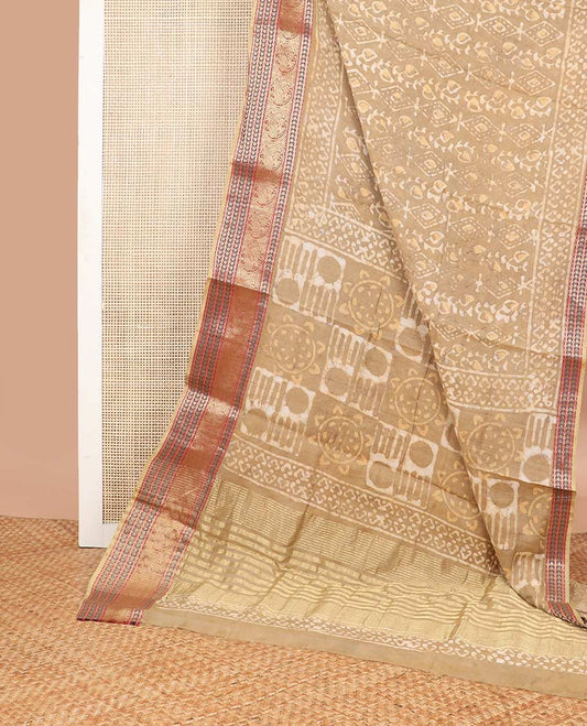 Pale brown batik floral design chanderi cotton saree with self zari design border & striped, floral design pallu