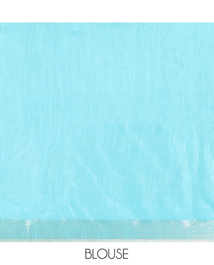 Navy Blue Bhagalpur Cotton Saree, Accentuated with Zari Butta and Horizontal Stripes on Its Body, Complemented by a Contrast Traditional Zari Border, Pallu Steeped with Buttas, and Paired with a Contrast Blouse