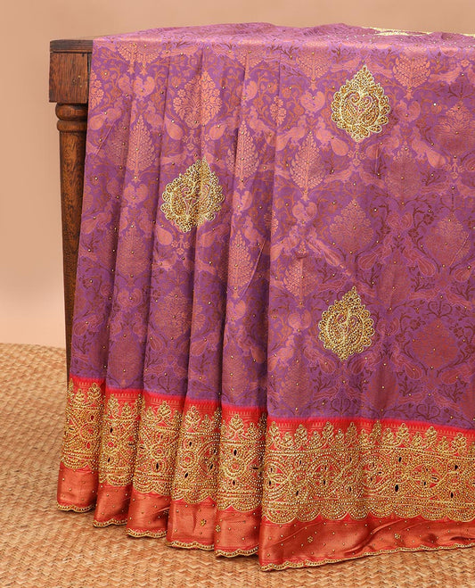 Violet floral design vastrakala silk saree with stone work, contrast floral stone work scallop border & floral design in stone work pallu