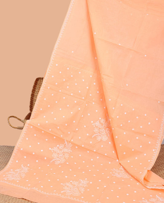 Orange motifs embroidery lucknowi chikankari cotton saree, self scallop design border & floral embroidery