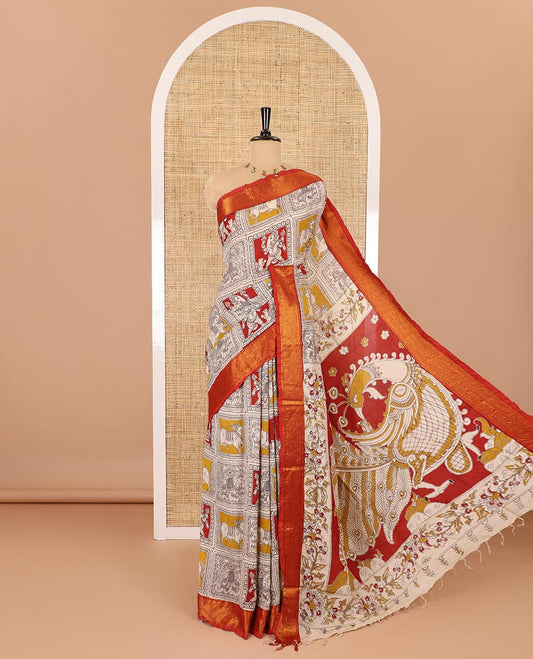 Maroon Pichwai cow, elephant, and Vinayagar motifs enclosed checked printed Mangalagiri cotton saree with contrast mayil kann zari borders, kalamkari printed pallu, and a floral vine printed blouse