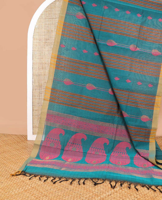Blue striped, floral motifs coimbatore cotton saree with contrast zari border & paisley design pallu