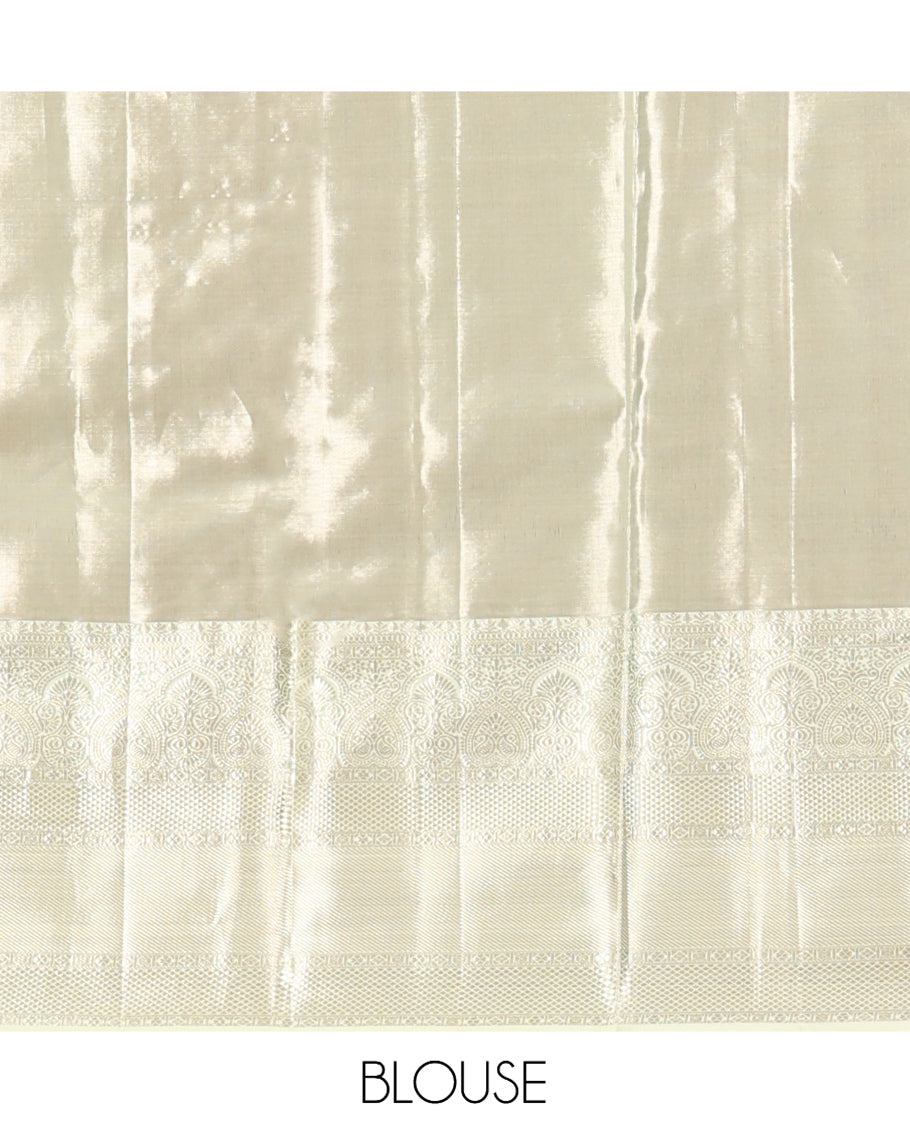 Pink Kanchipuram Tissue Silk Saree, Artfully Detailed with Jacquard, Complemented by Contrast Traditional Zari Border, Grand Pallu, and Contrast Blouse