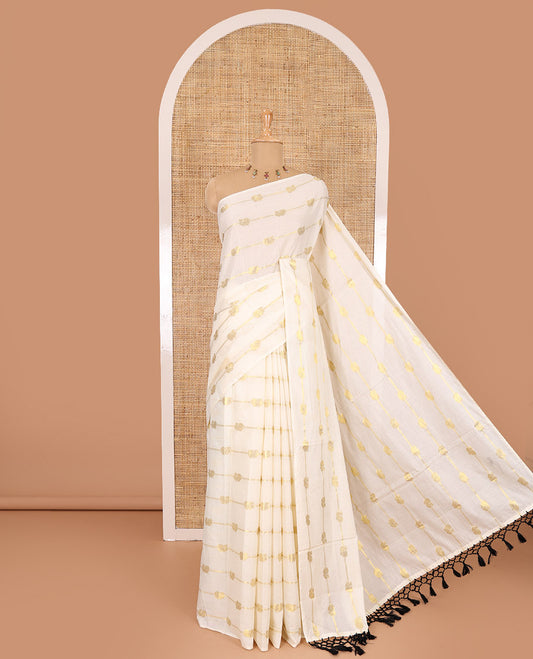 Borderless cream-black peacock and horizontal zari striped Kerala cotton saree, self-pallu with tassels, and a matching blouse