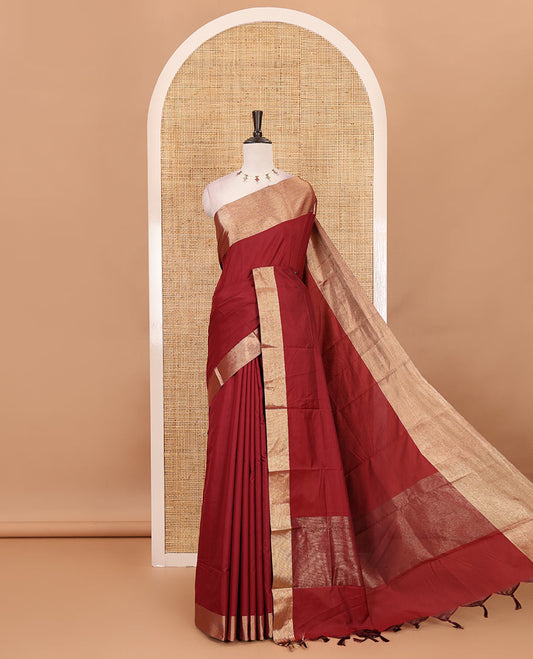 Maroon full-plain soft-mercerized cotton saree, zari bavanji border, striped pallu & plain blouse