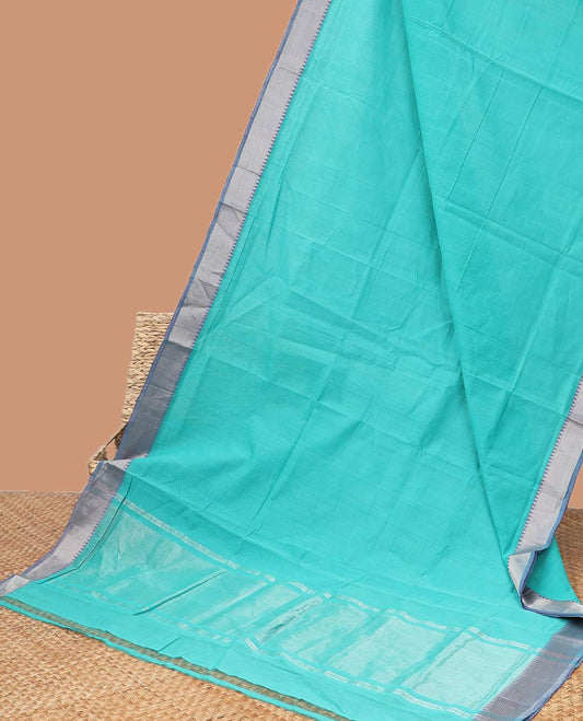 Turquoise striped mangalagiri cotton saree contrast temple border & striped pallu