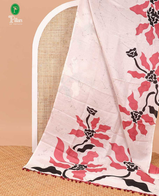 Cream with peach marble print big flower patti design khadi tussar cotton saree with contrast blouse