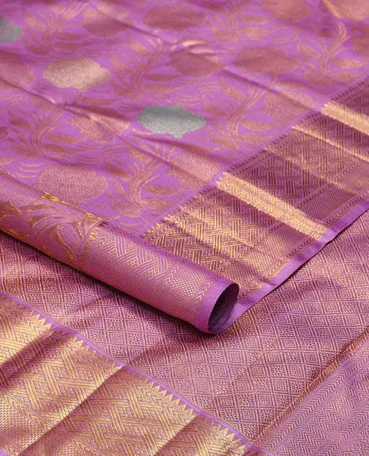 Puprle floral vine design kancheepuram wedding silk saree with contrast zari design border & intricate zari design pallu