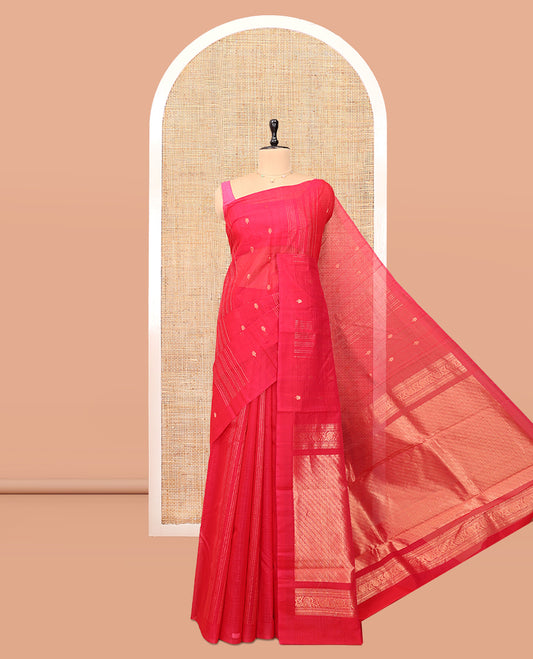 Borderless Red Silk Cotton Saree, Detailed with Zari Buttas and Stripes, Grand Pallu, and a Matching Blouse
