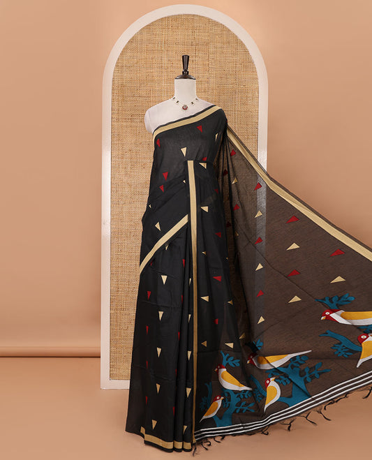 Black-base thread triangle motifs mercerized cotton saree, piping border, jamdani-style sparrow motifs pallu  & matching triangle motifs blouse