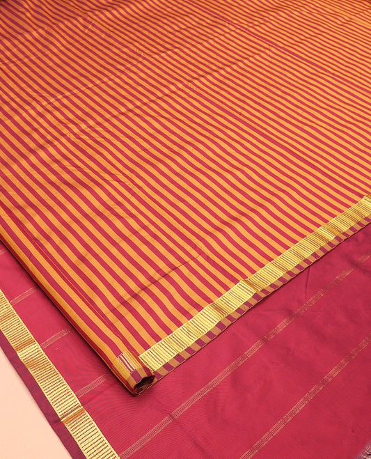 Maroon-Yellow Striped Art-Silk Nine Yard Saree, a Traditional Zari Border, Pallu of Zari Stripes, and No Blouse