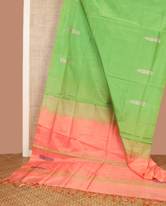 Borderless Parrot Green Banana Pith Saree, Woven with Buttas All Over Its Body, Complemented by a Contrast Pallu of Stripes and Buttas, and Paired with a Contrast Blouse