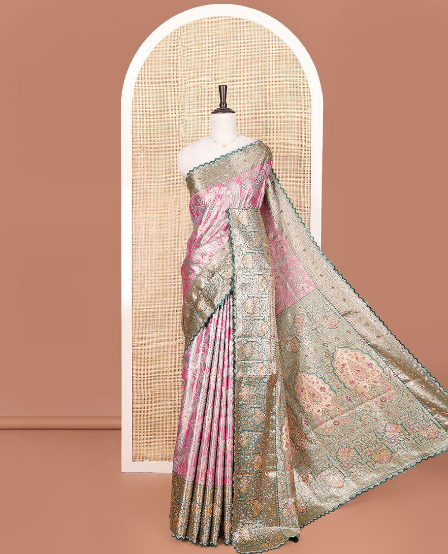 Purple Vastrakala Silk Saree, Spotlighted with Jacquard and Embroidery Work, Complemented by Contrast Traditional Zari and Cut Embroidered Scallop Border, Gleaming Mughal-Style Zari Weave Stone Work Pallu, and Paired with Contrast Heavy Embroidered Blouse