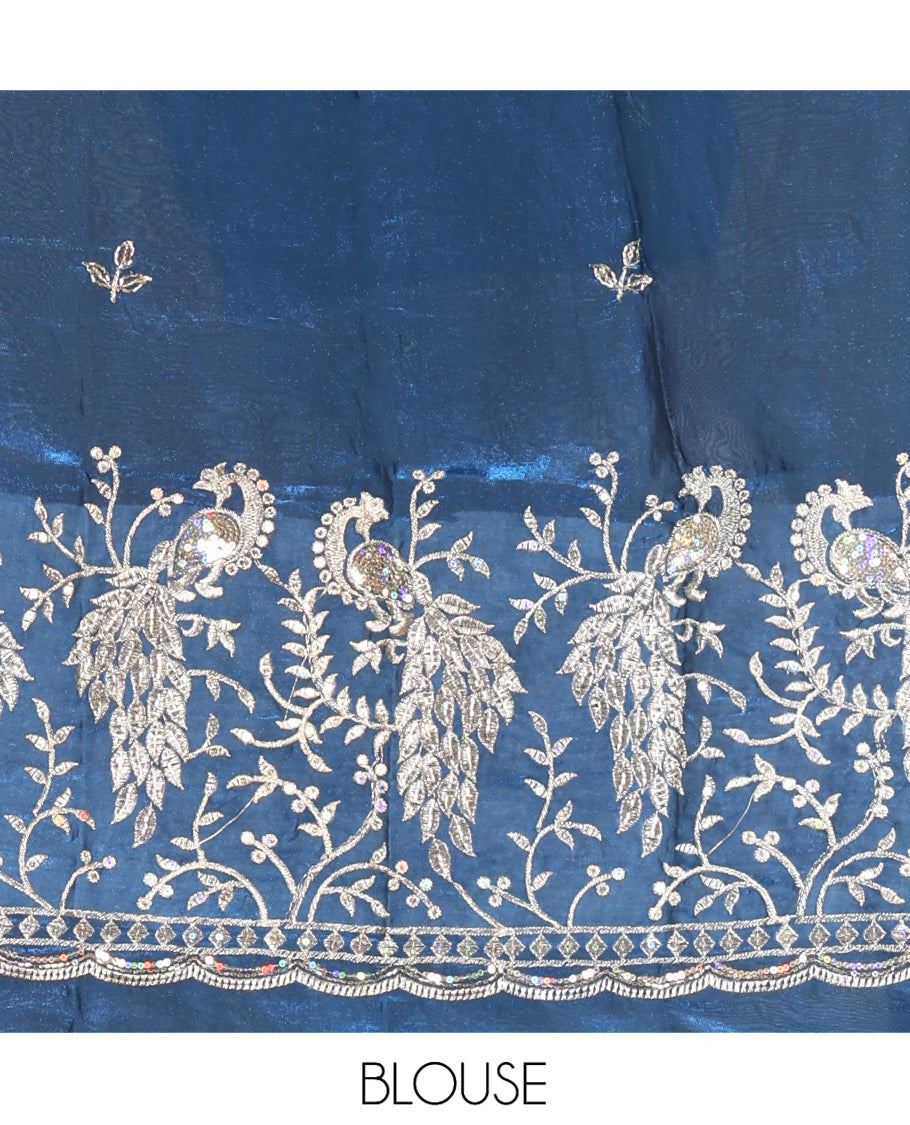 Borderless Blue Plain Fendi Chiffon Saree, a Self-Pallu, and a Matching Peacock Embroidered Blouse