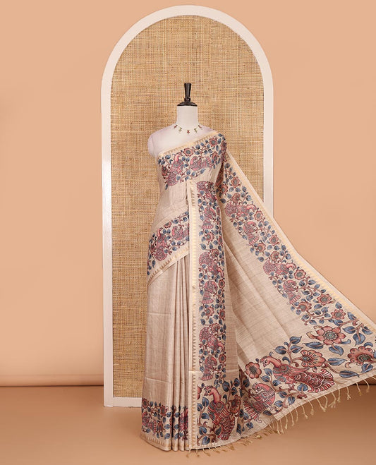 Half-white full-plain katan silk saree, double-side kalamkari floral vine and bird printed temple zari border and matching floral vine printed blouse