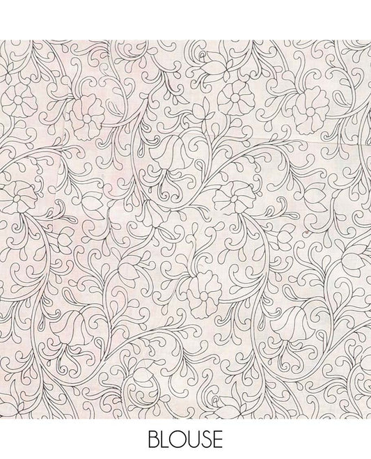 Off-white unique floral machine-printed kalamkari cotton saree, floral design border & floral & geometric pallu